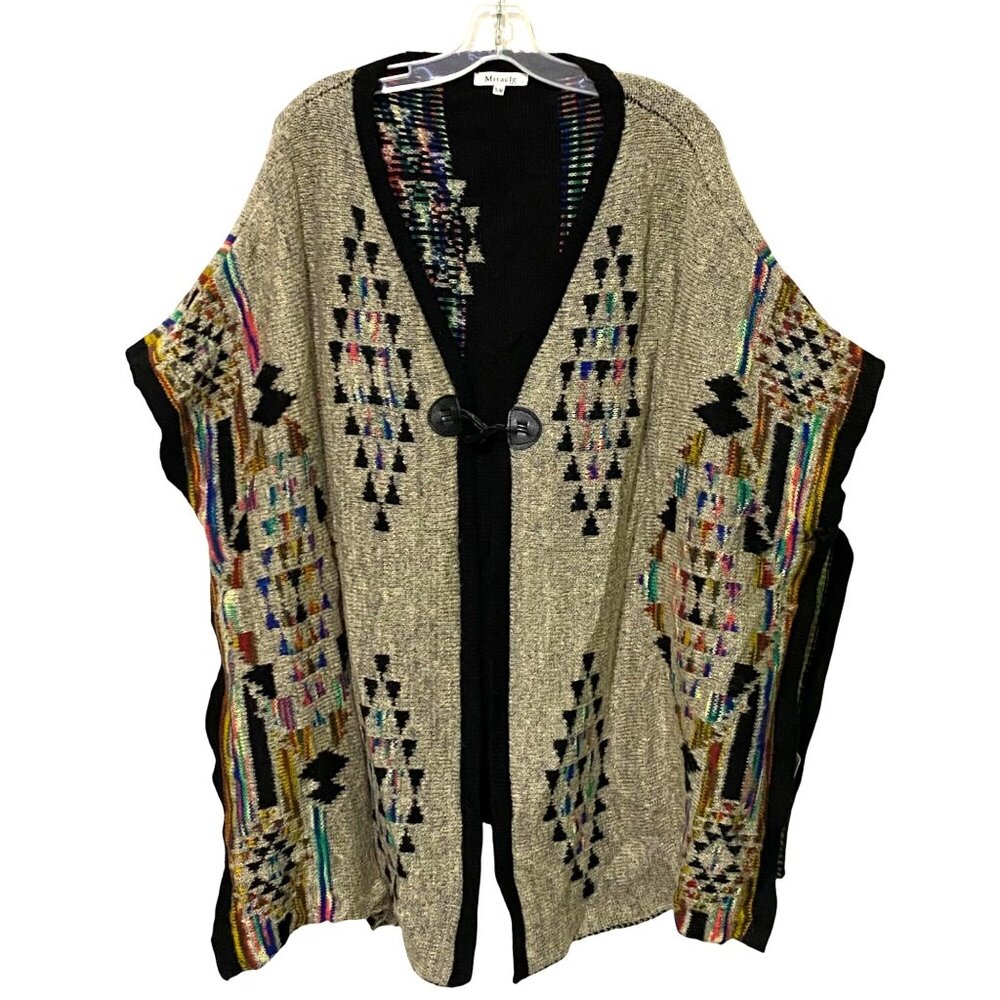 Boho Southwest Womens Blanket Poncho S/M Gray Hippie Western Cowboy Granola Girl